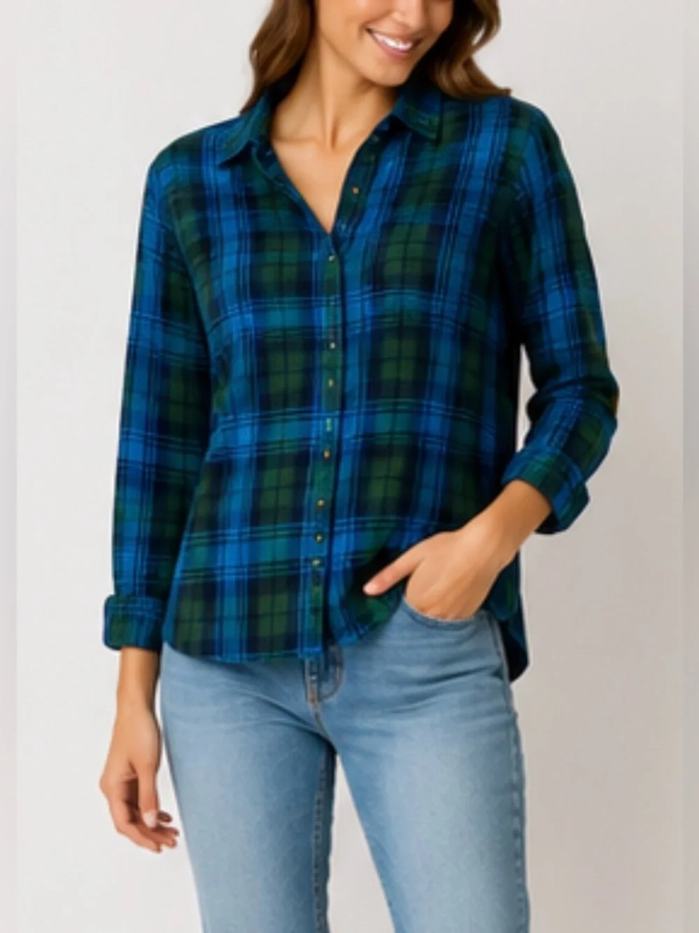 J.Crew Plaid‎ Cotton Large Blue Green Button Up